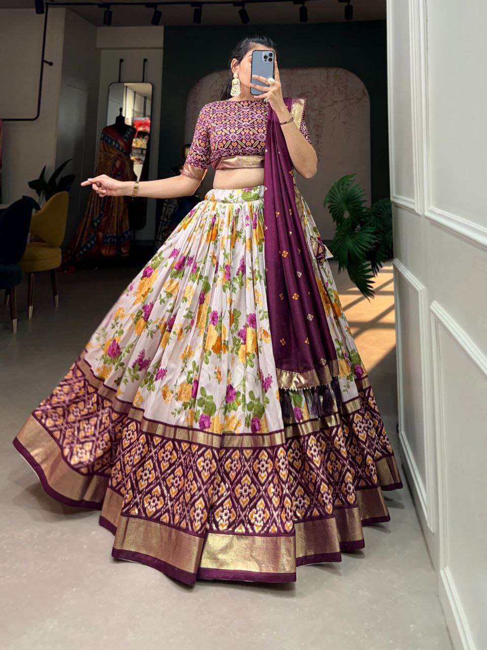 Women's Luxurious Tussar Silk Lehenga Choli with Intricate Prints & Can-Can Flair