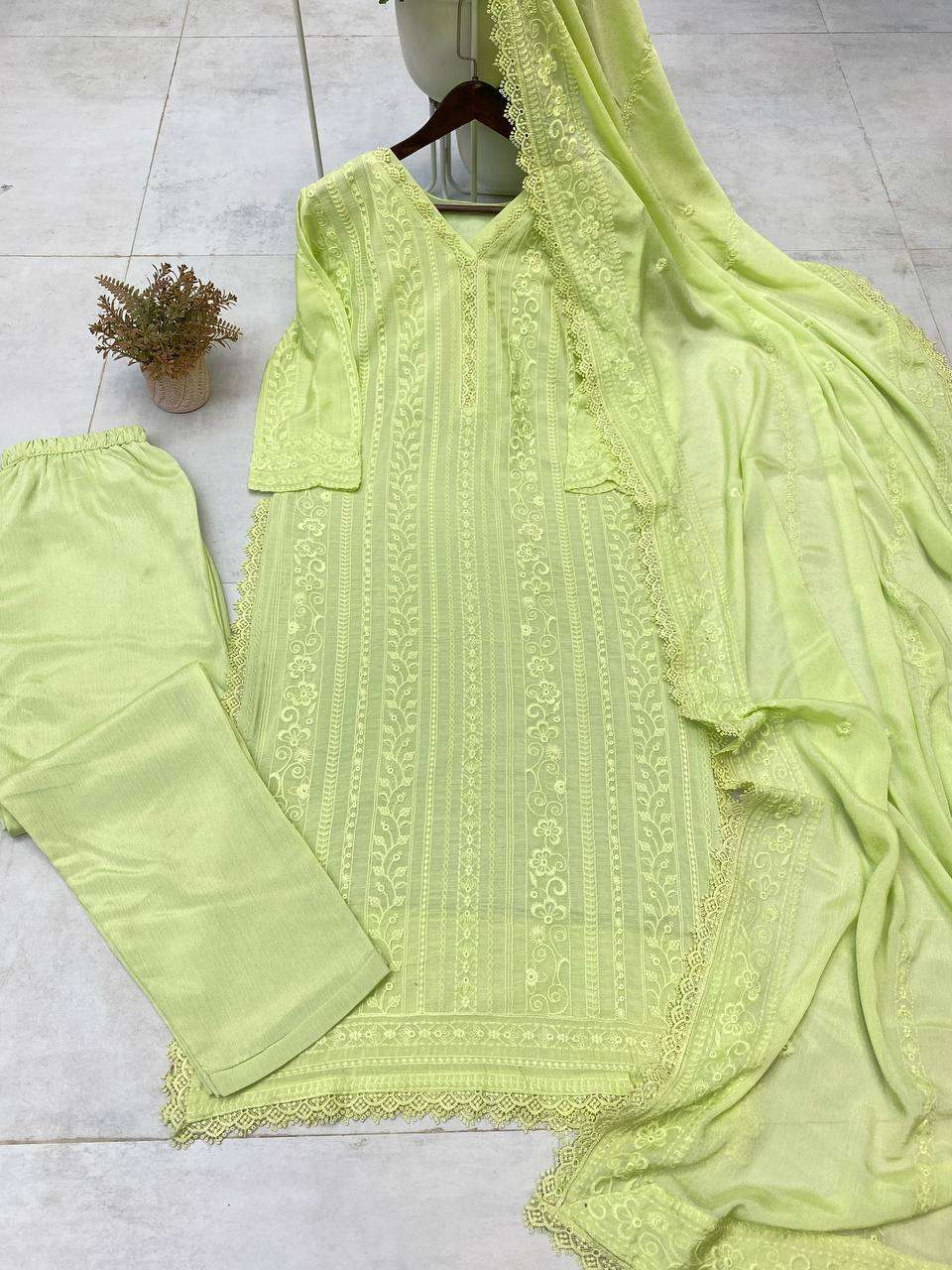 Women's Chinon Silk with Cotton Thread Embroidery Straight Kurti With Pant and Dupatta set