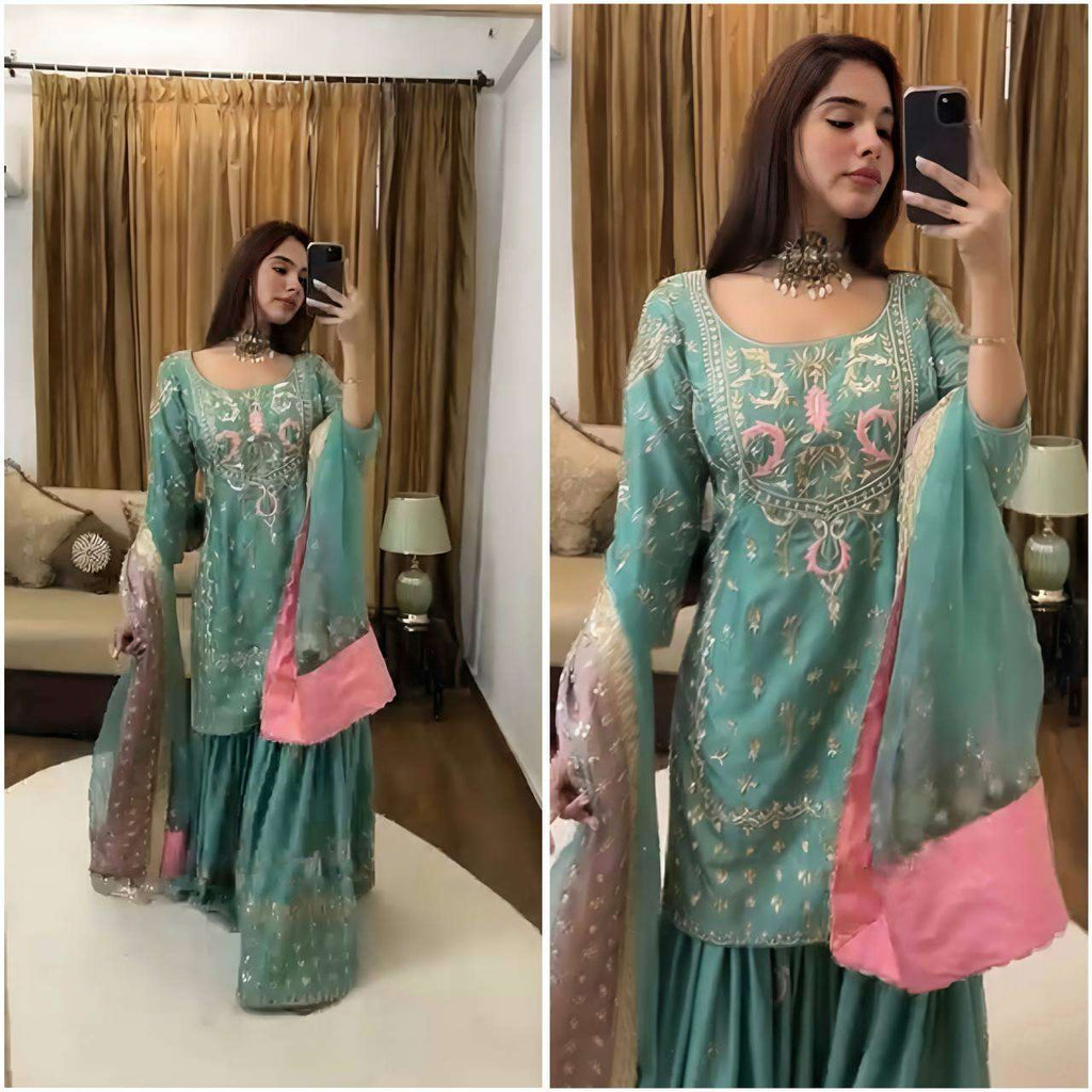 Women's Chinon Silk Heavy Embroidery Straight Kurta With Sharara and Dupatta set