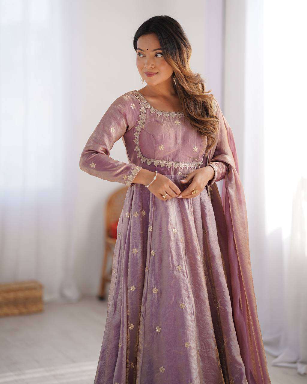 Women's Fandy Silk Coding with Sequnce work Long Anarkali Kurti Gown With Dupatta