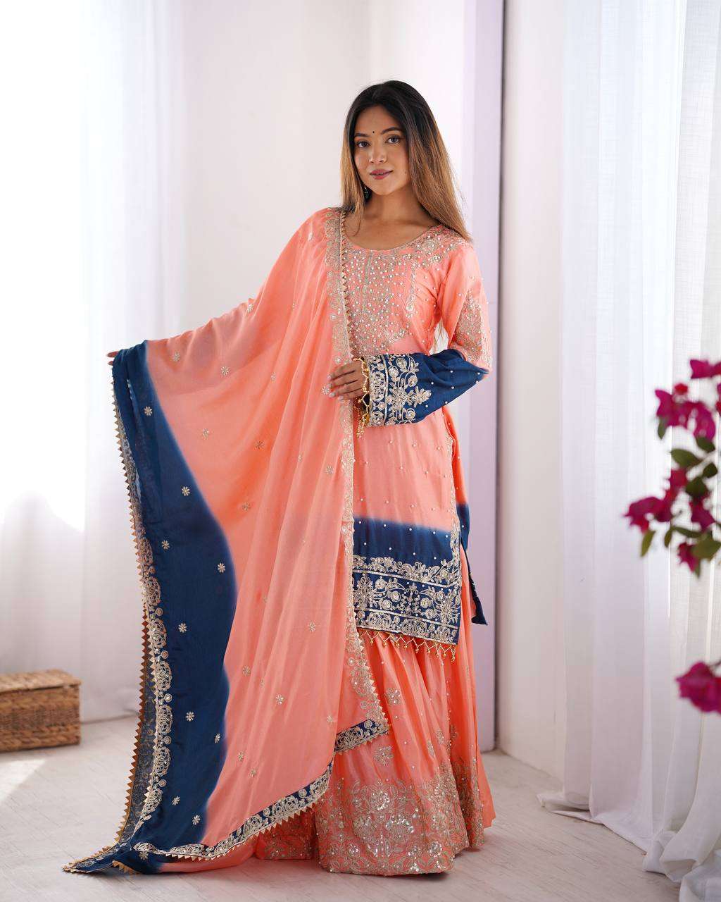 Women's Chinon Silk Sequence With Rivet Moti Work Straight Kurta With Sharara and Dupatta Set