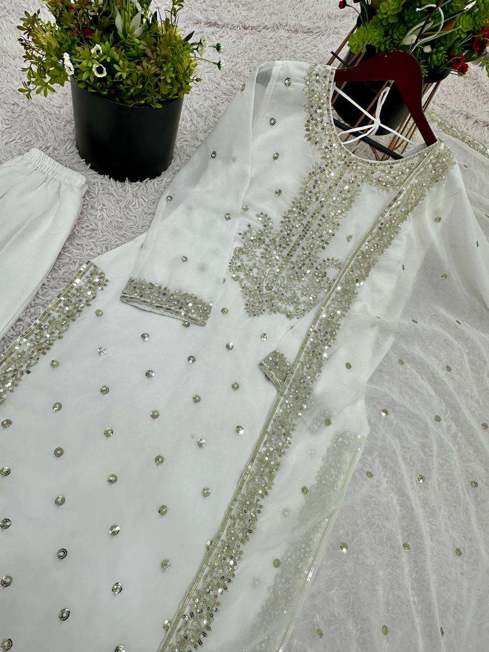 Women's Georgette Embroidery Sequence Work with Rivet Moti Work Straight Kurti With Pant and Dupatta Set