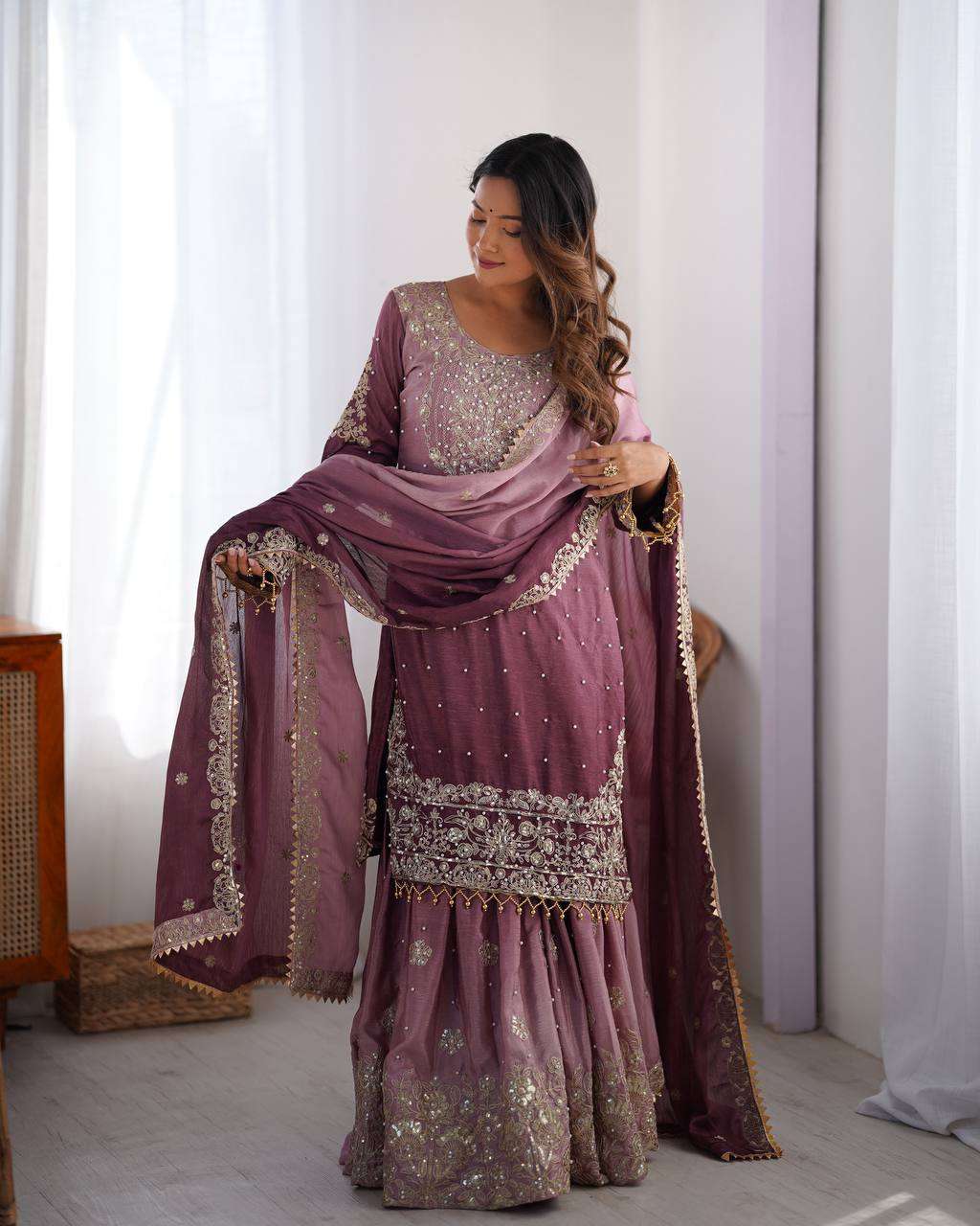 Women's Chinon Silk Sequence With Rivet Moti Work Straight Kurta With Sharara and Dupatta Set