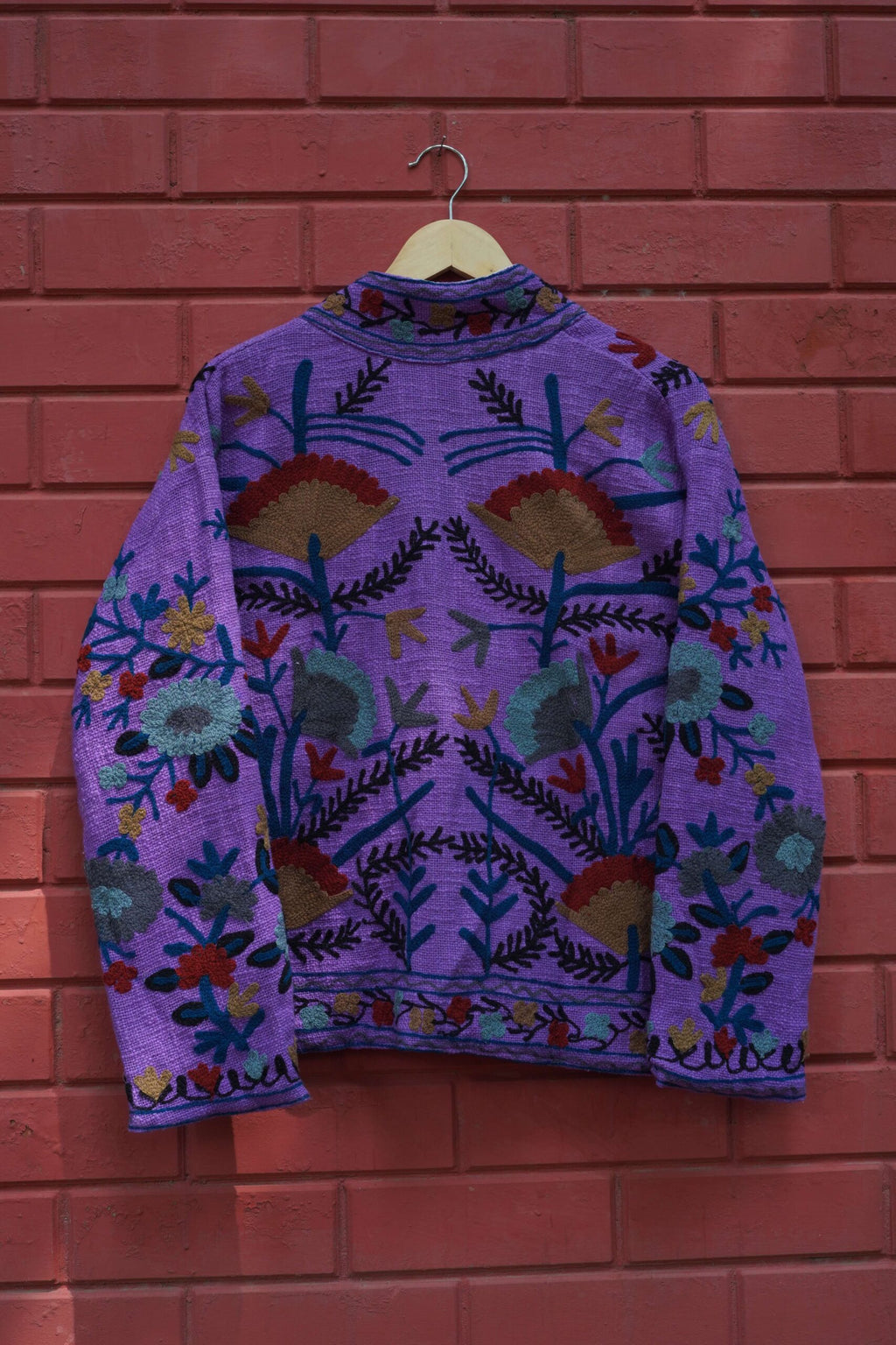 Womens Dark Purple Velvet Embroidered Jacket with Floral Design
