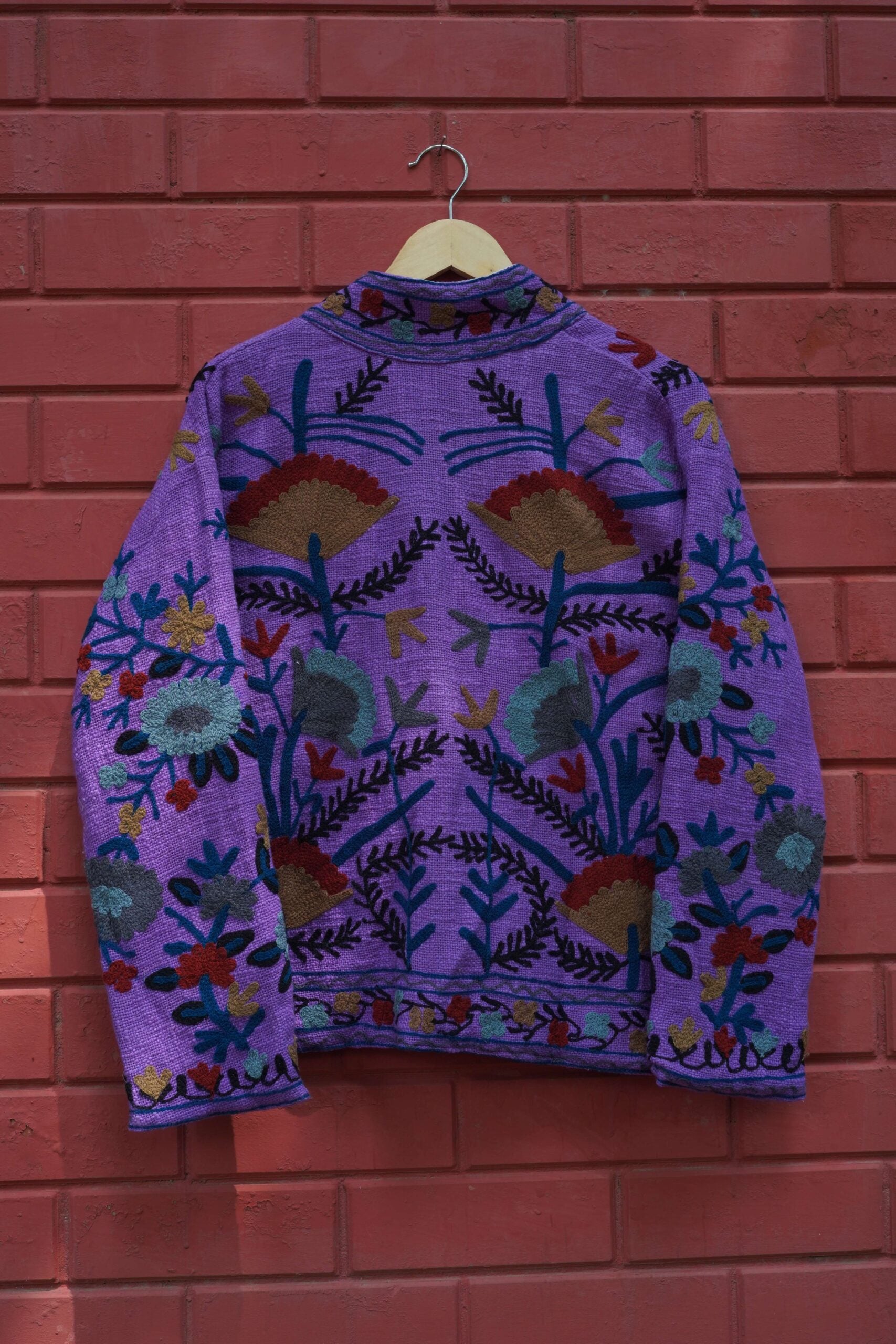 Womens Dark Purple Velvet Embroidered Jacket with Floral Design