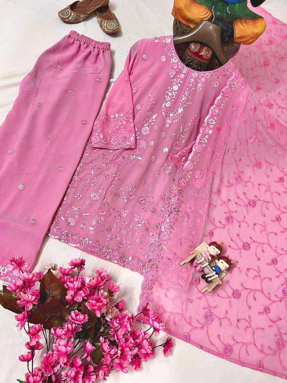 Women's Faux Georgette Embroidery work Straight Kurti With Pant and Dupatta Set