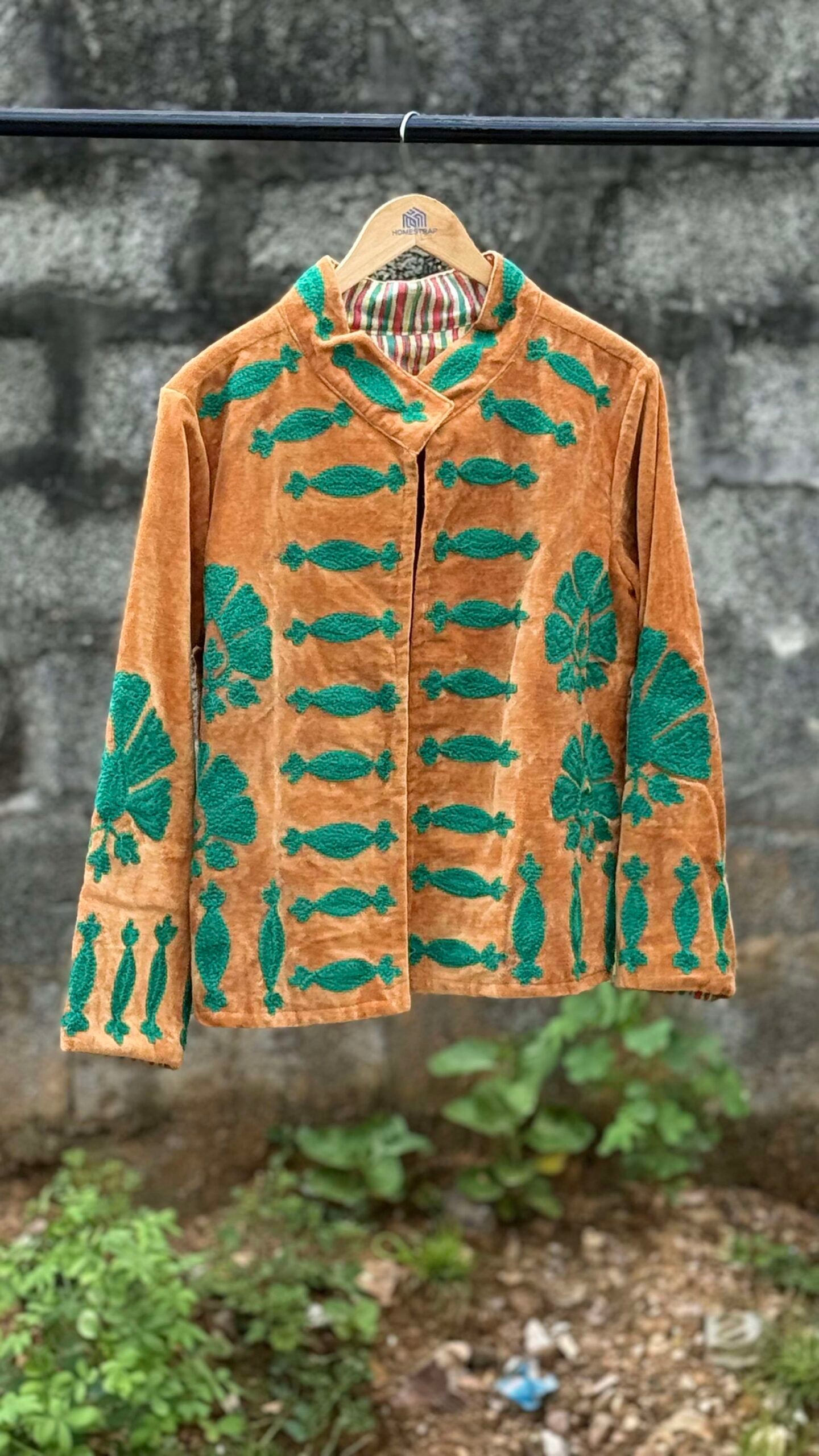 Womens Rust Velvet Embroidered Jacket with Floral Design