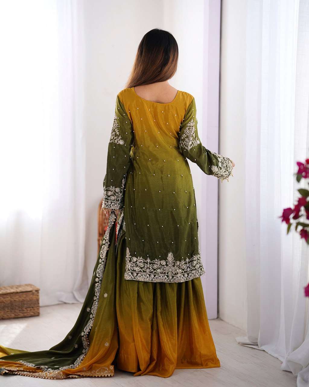 Women's Chinon Silk Sequence With Rivet Moti Work Straight Kurta With Sharara and Dupatta Set