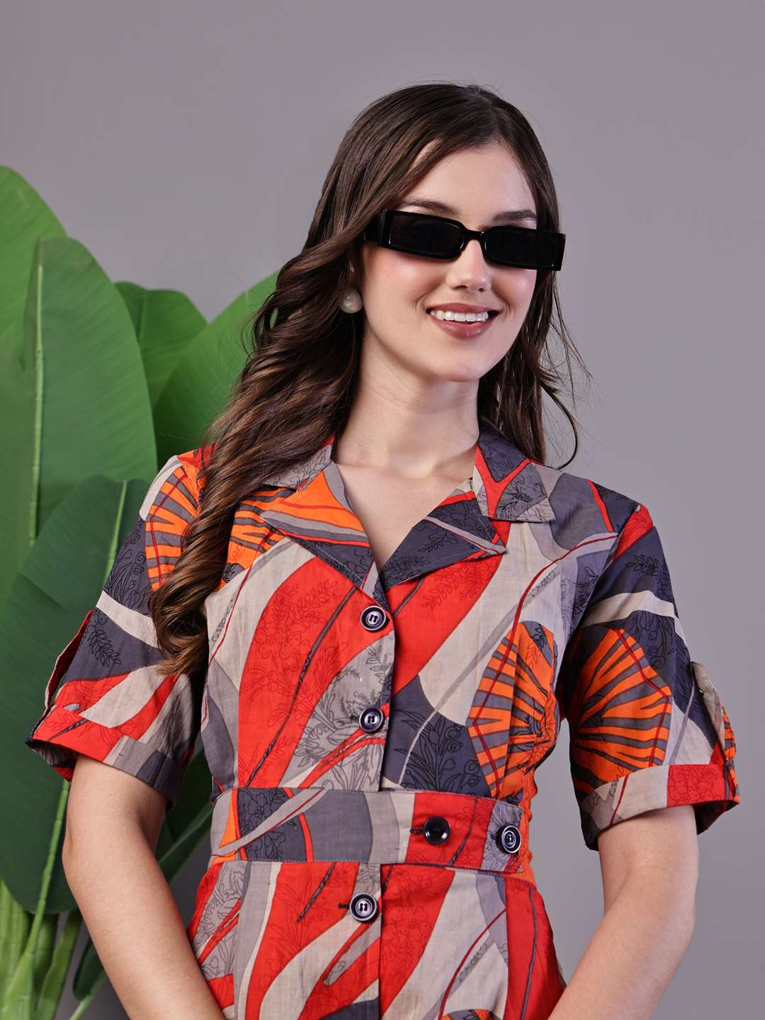 Women's Leaf Print Button-Down Cotton Midi Dress