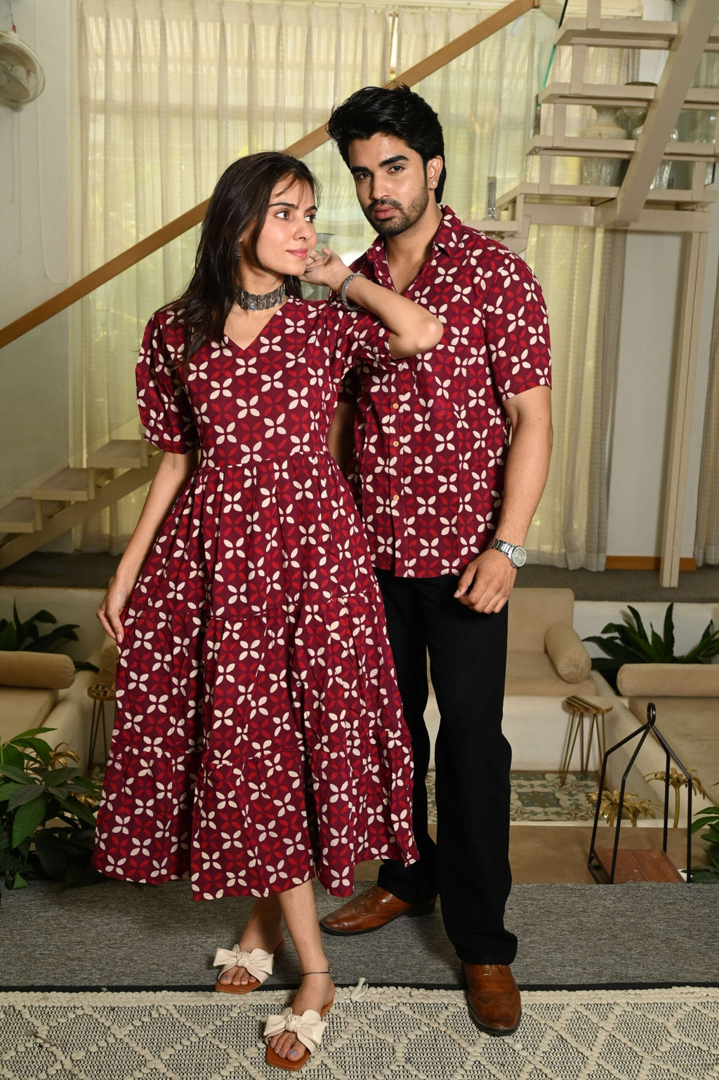 Couple Matching Maroon Cotton Anarkali Midi Dress and Shirt Set ? White Floral Print