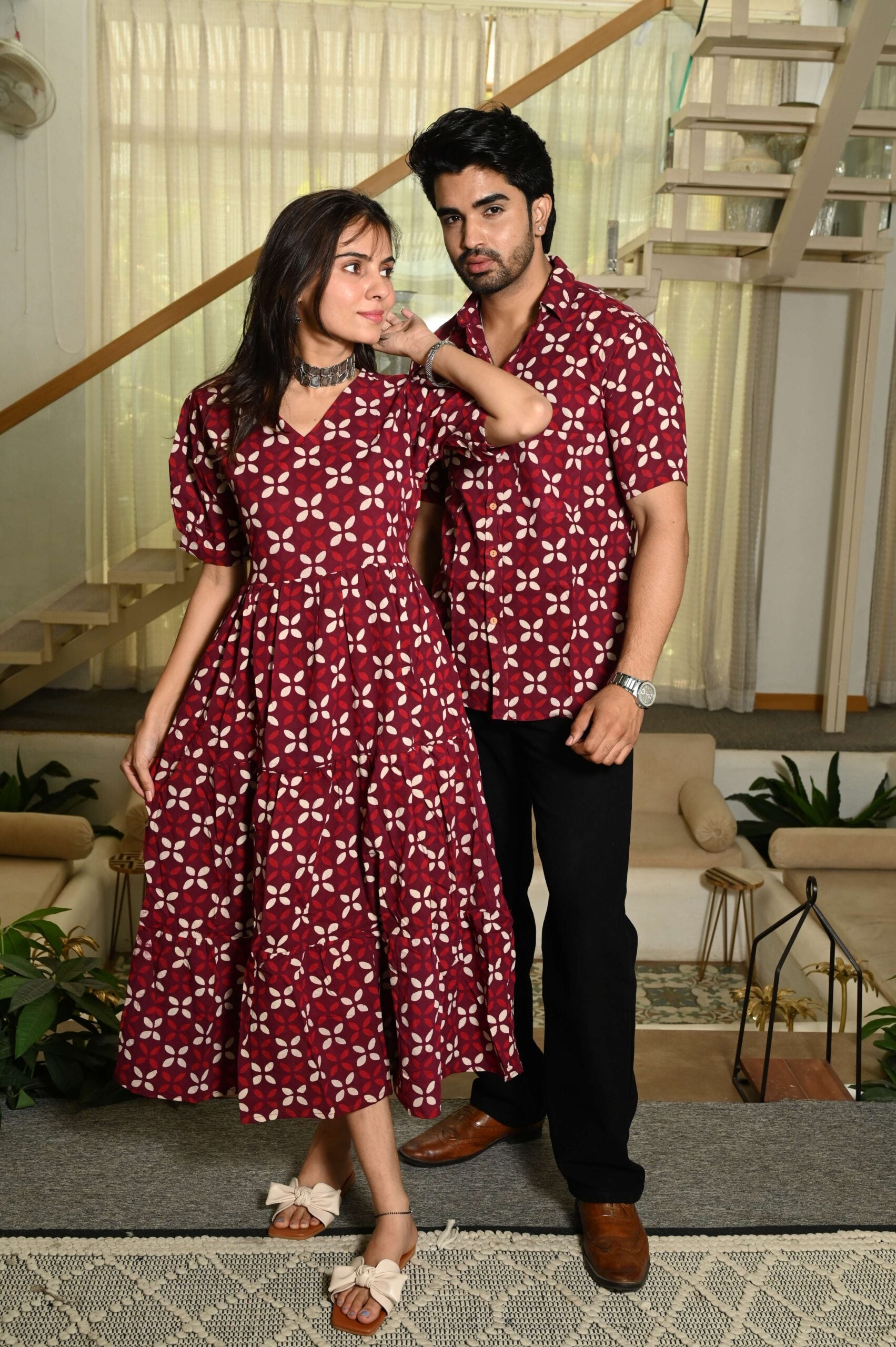 Couple Matching Maroon Cotton Anarkali Midi Dress and Shirt Set ? White Floral Print