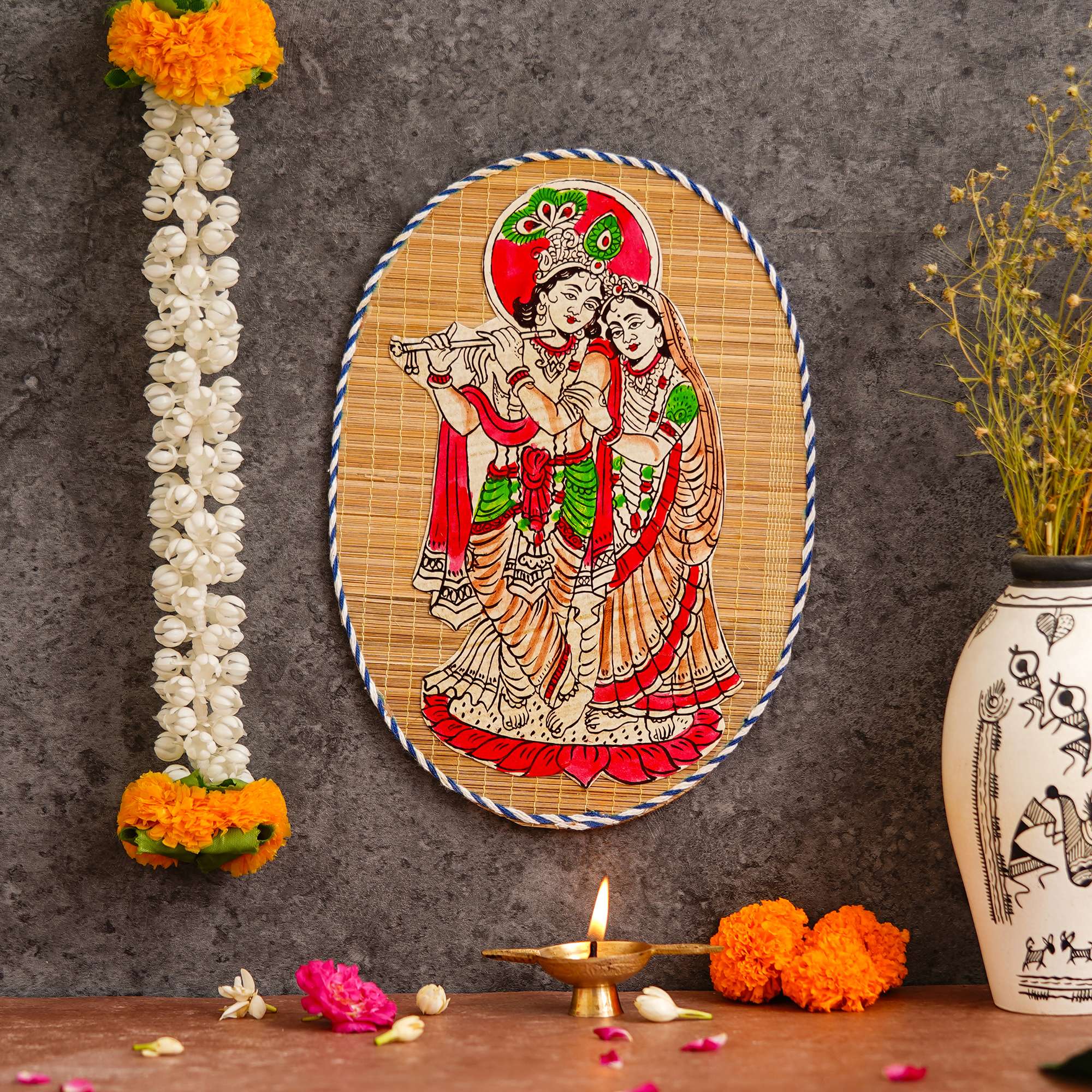 Oval Shaped Design Bamboo Hand Crafted Wall Hangings Of Krishna Ji With Radha Ji For Home Decor | Bamboo Art For Wall Decor
