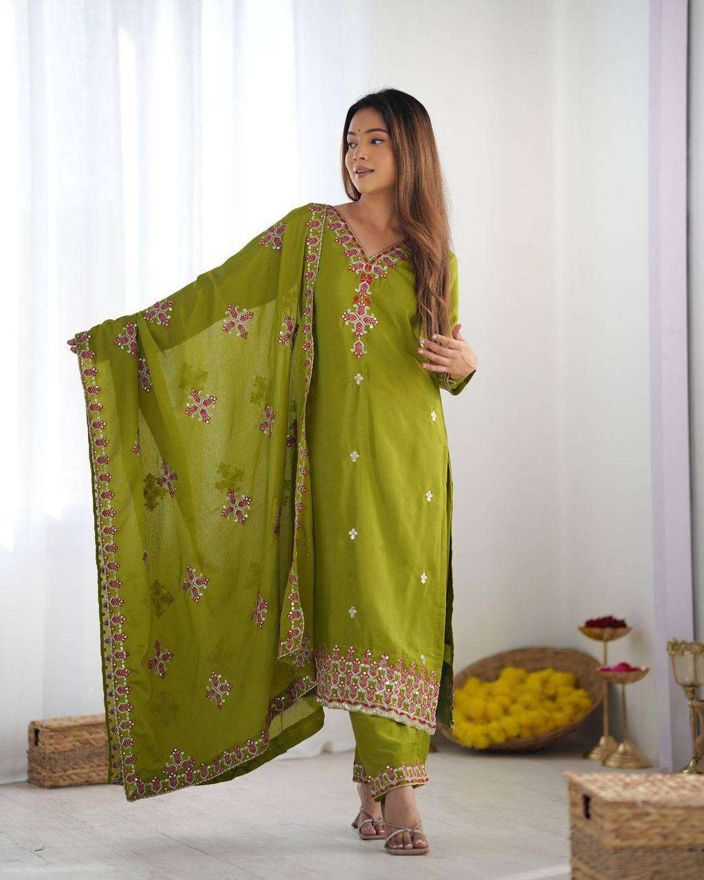 Women's Chinnon Silk Embroidery Sequence Work and Lace Work Straight Kurti With Pant and Dupatta