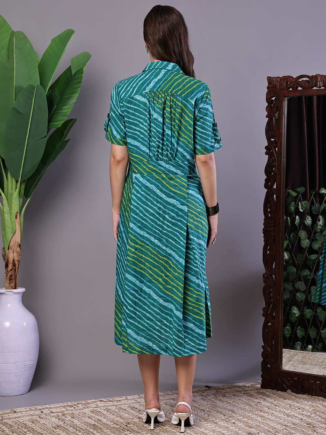 Women's eal Green Striped Cotton Midi Shirt Dress