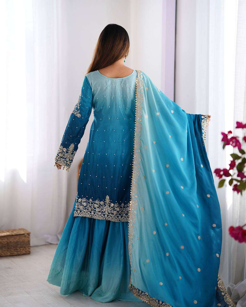 Women's Chinon Silk Sequence With Rivet Moti Work Straight Kurta With Sharara and Dupatta Set