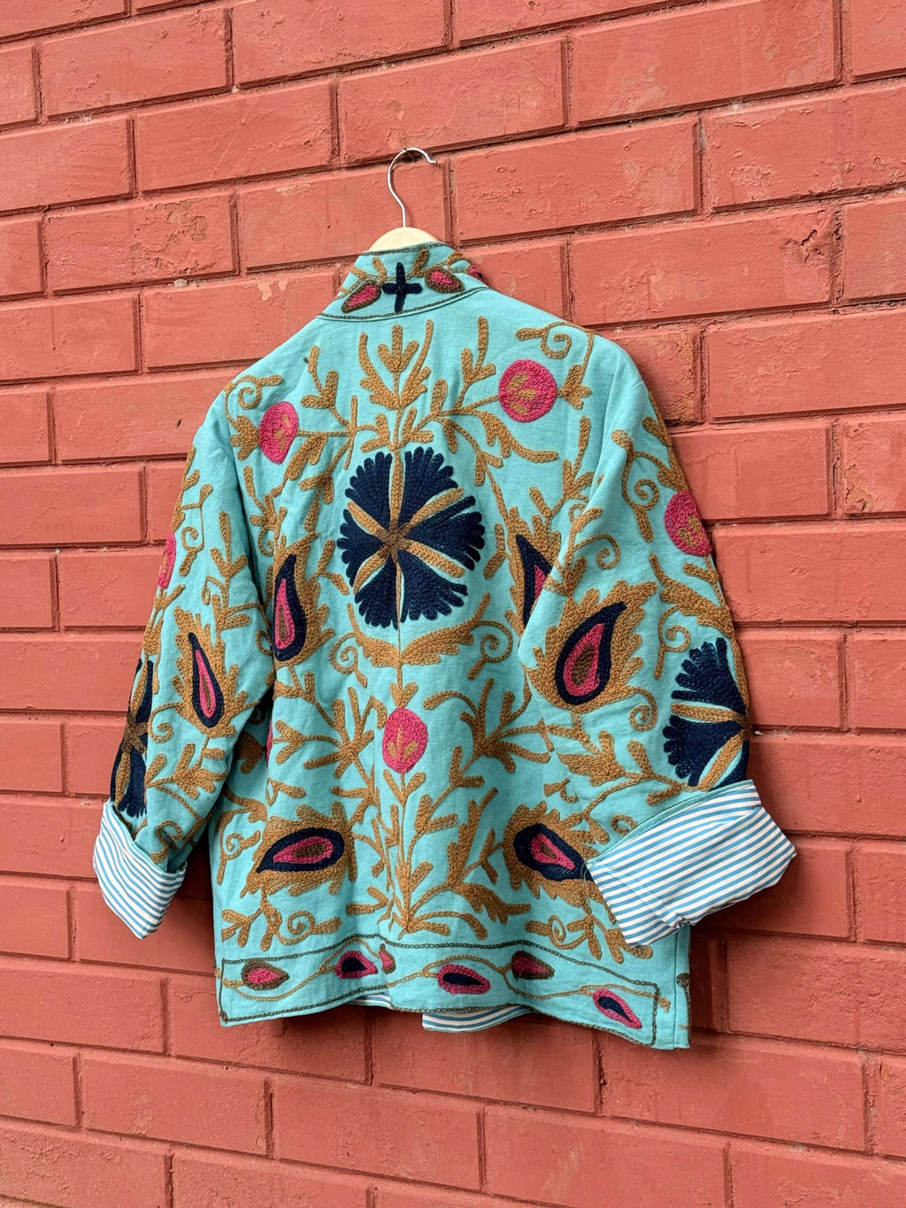 Womens Teal Blue Velvet Embroidered Jacket with Floral Design