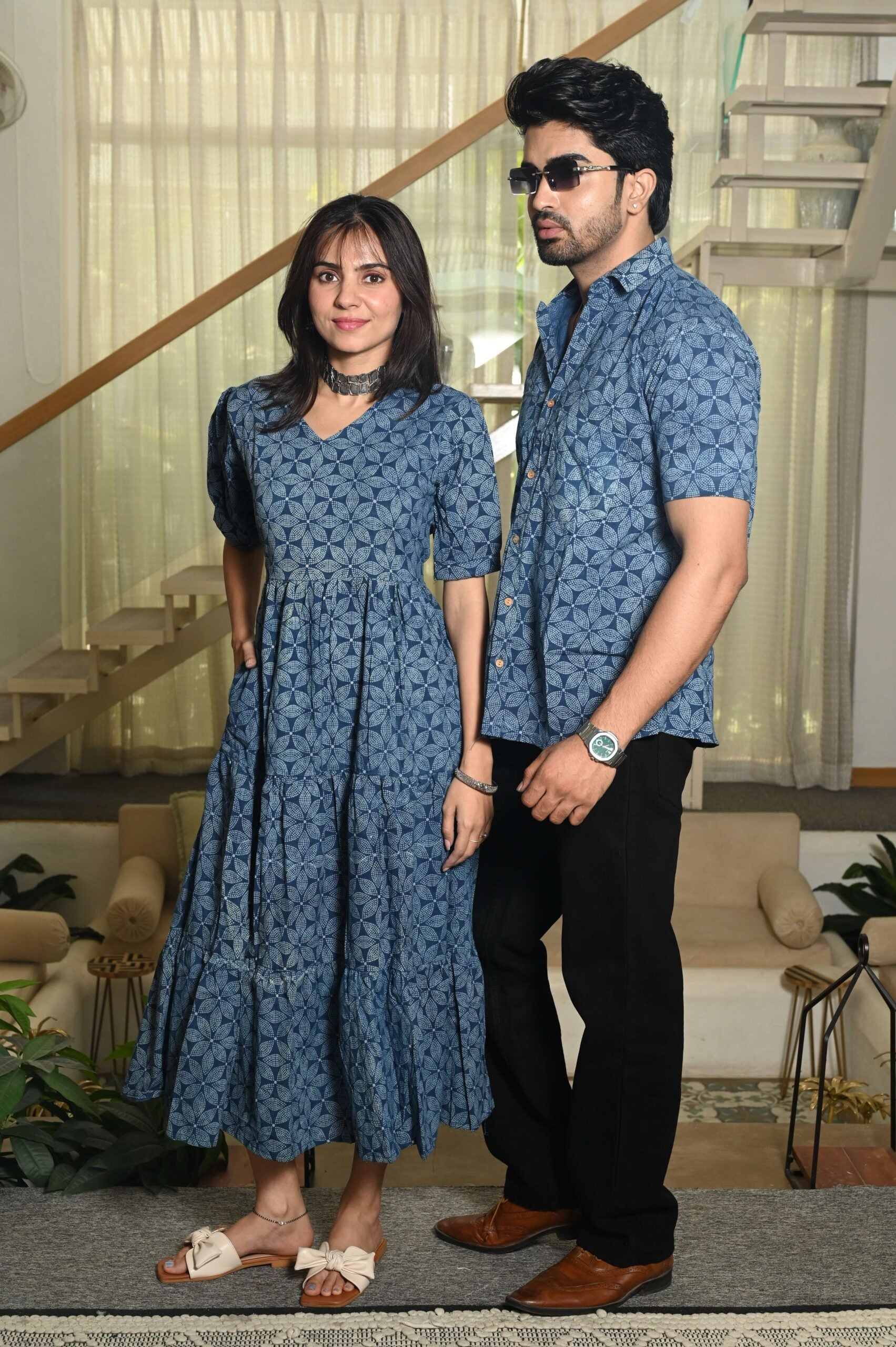 Couple Matching Blue Cotton Anarkali Midi Dress and Shirt Set ? Geometric Block Print