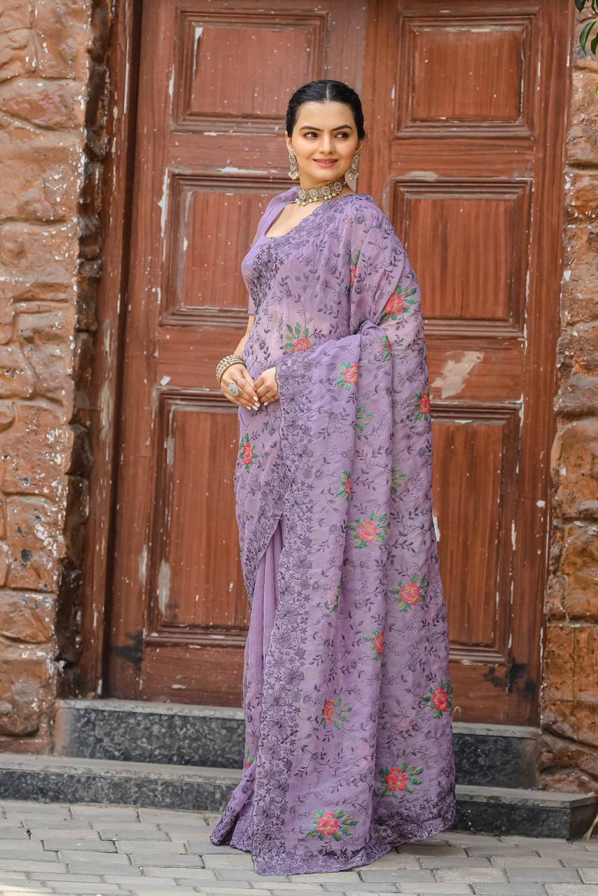 Women's Elegant Sage Green Georgette Saree with Delicate Floral Embroidery & Sequin Work – Perfect for Summer Festivities & Day Events