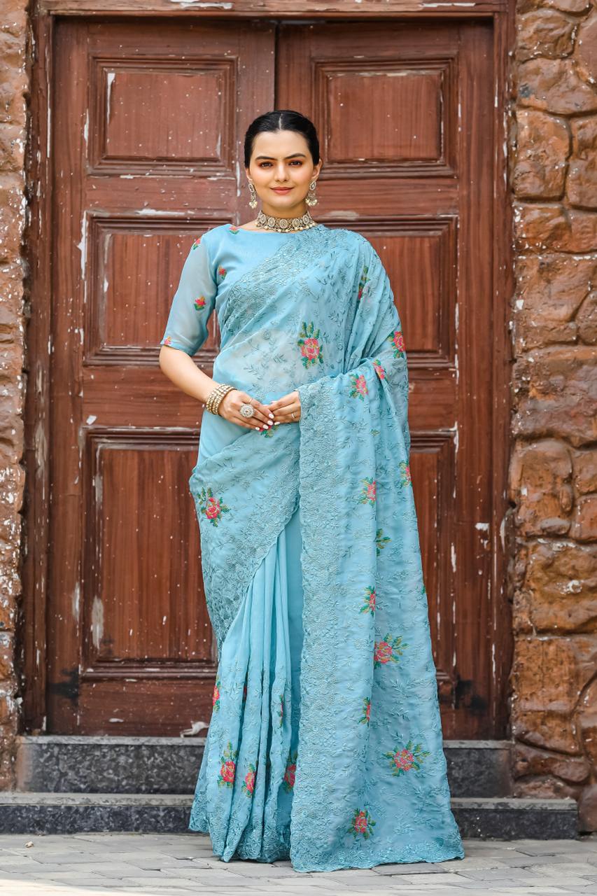 Women's Elegant Sage Green Georgette Saree with Delicate Floral Embroidery & Sequin Work – Perfect for Summer Festivities & Day Events