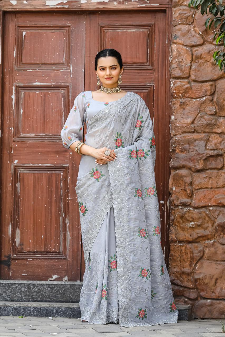 Women's Elegant Sage Green Georgette Saree with Delicate Floral Embroidery & Sequin Work – Perfect for Summer Festivities & Day Events