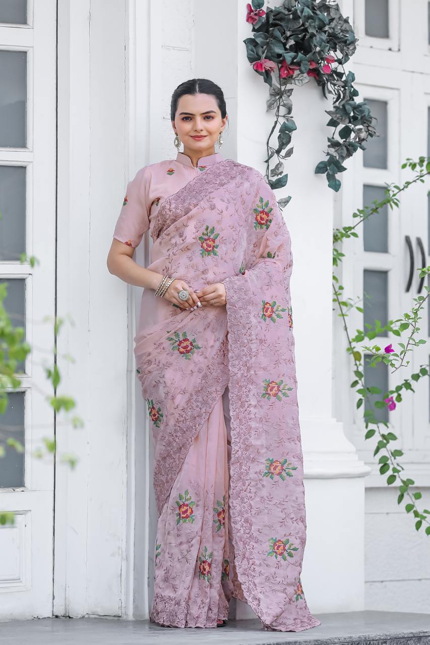 Women's Elegant Sage Green Georgette Saree with Delicate Floral Embroidery & Sequin Work – Perfect for Summer Festivities & Day Events