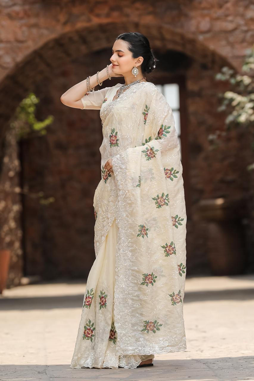 Women's Elegant Sage Green Georgette Saree with Delicate Floral Embroidery & Sequin Work – Perfect for Summer Festivities & Day Events