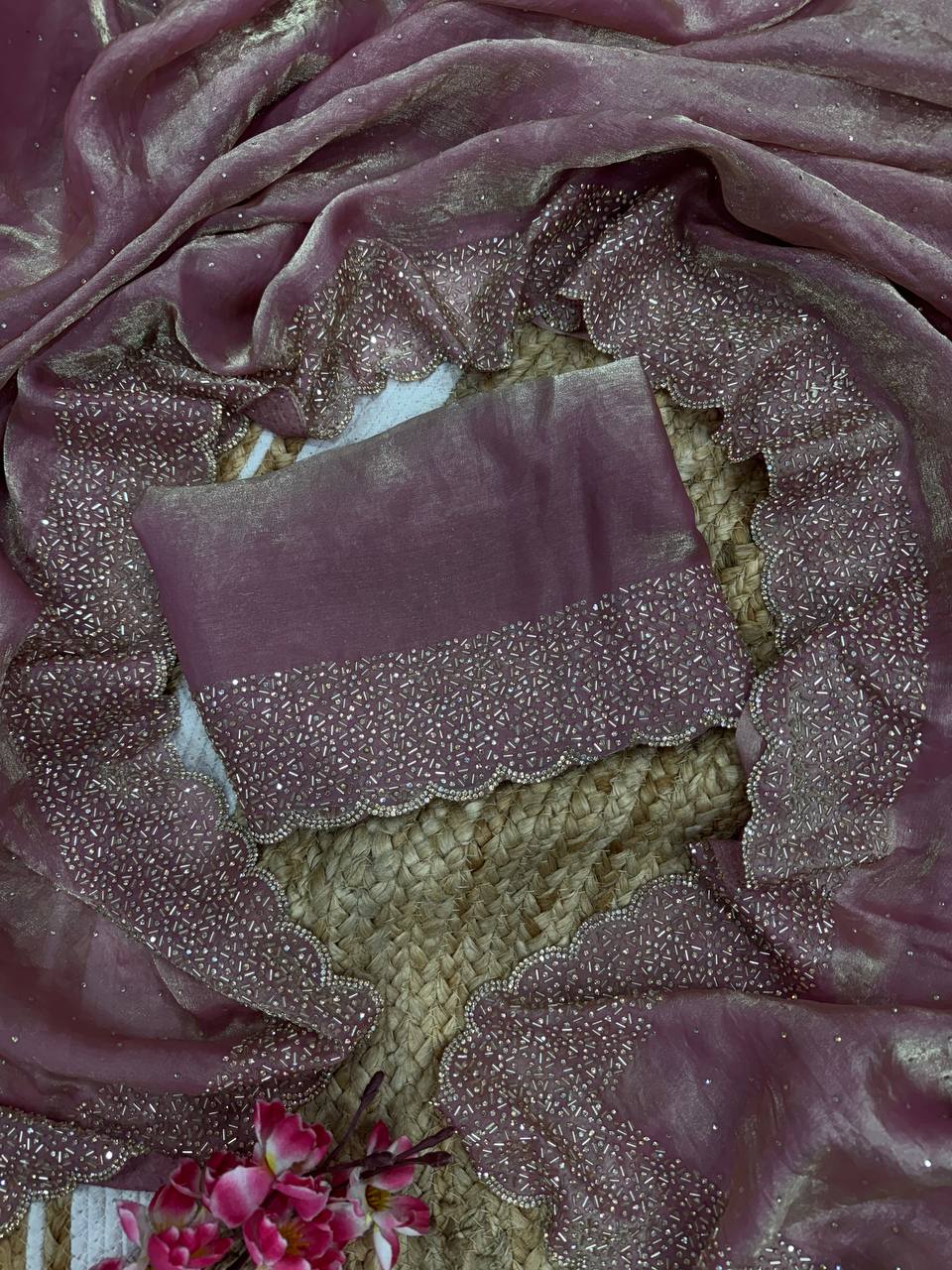 Women's Luxurious Shimmering Grey Organza Saree with Intricately Embroidered Black Blouse - Perfect for Festive & Evening Wear
