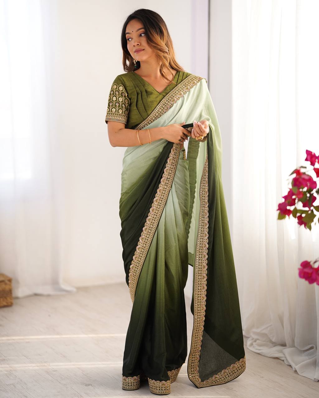 Women's Elegant Ombre Green Georgette Saree with Intricate Golden Zari & Stone Embellishments – Complete with Heavily Worked Blouse for Festive & Wedding Wear