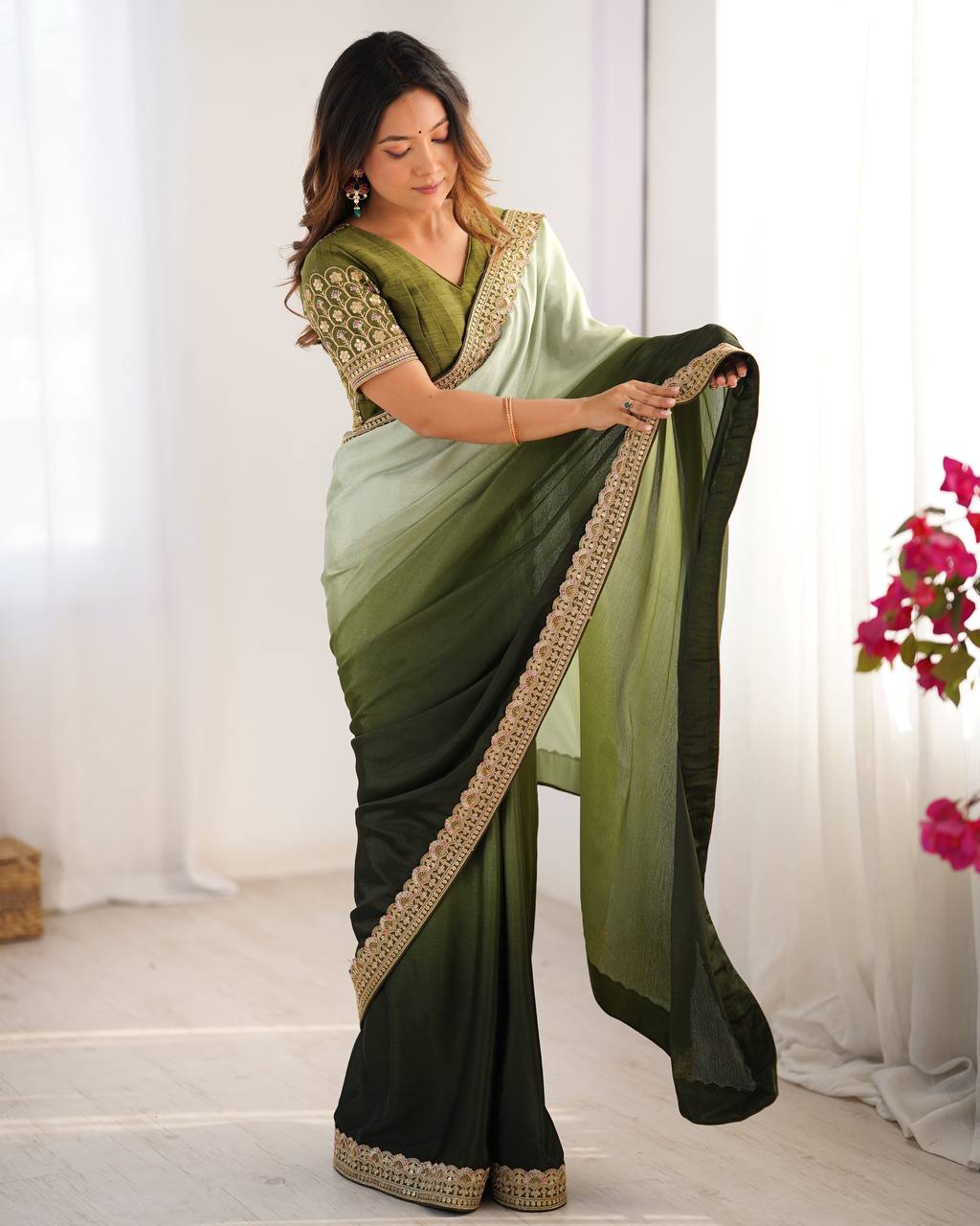 Women's Elegant Ombre Green Georgette Saree with Intricate Golden Zari & Stone Embellishments – Complete with Heavily Worked Blouse for Festive & Wedding Wear