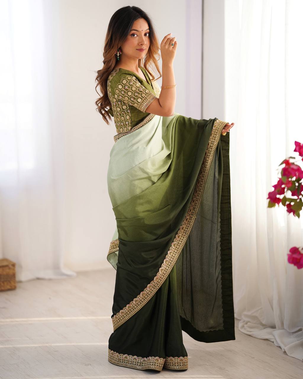 Women's Elegant Ombre Green Georgette Saree with Intricate Golden Zari & Stone Embellishments – Complete with Heavily Worked Blouse for Festive & Wedding Wear