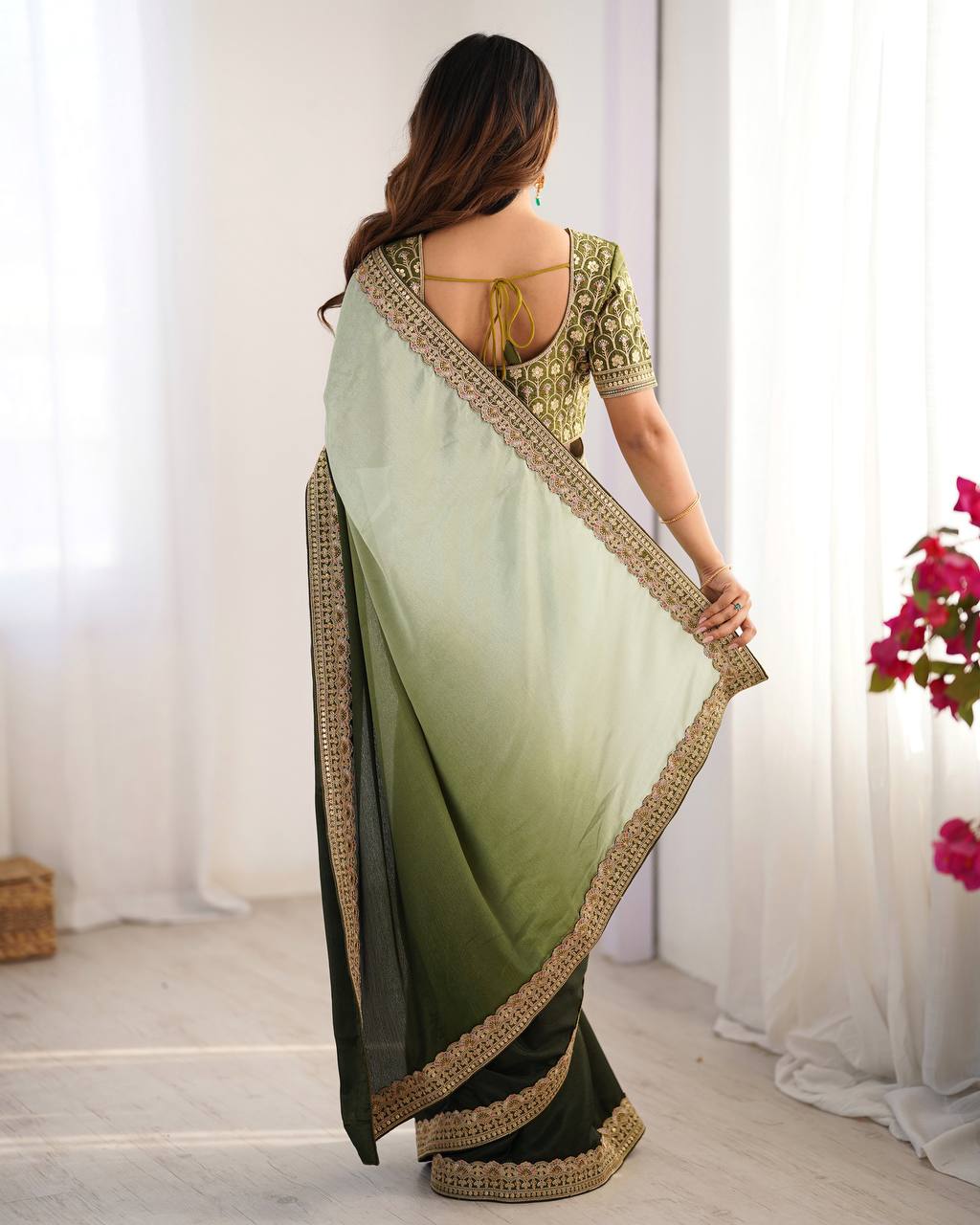 Women's Elegant Ombre Green Georgette Saree with Intricate Golden Zari & Stone Embellishments – Complete with Heavily Worked Blouse for Festive & Wedding Wear