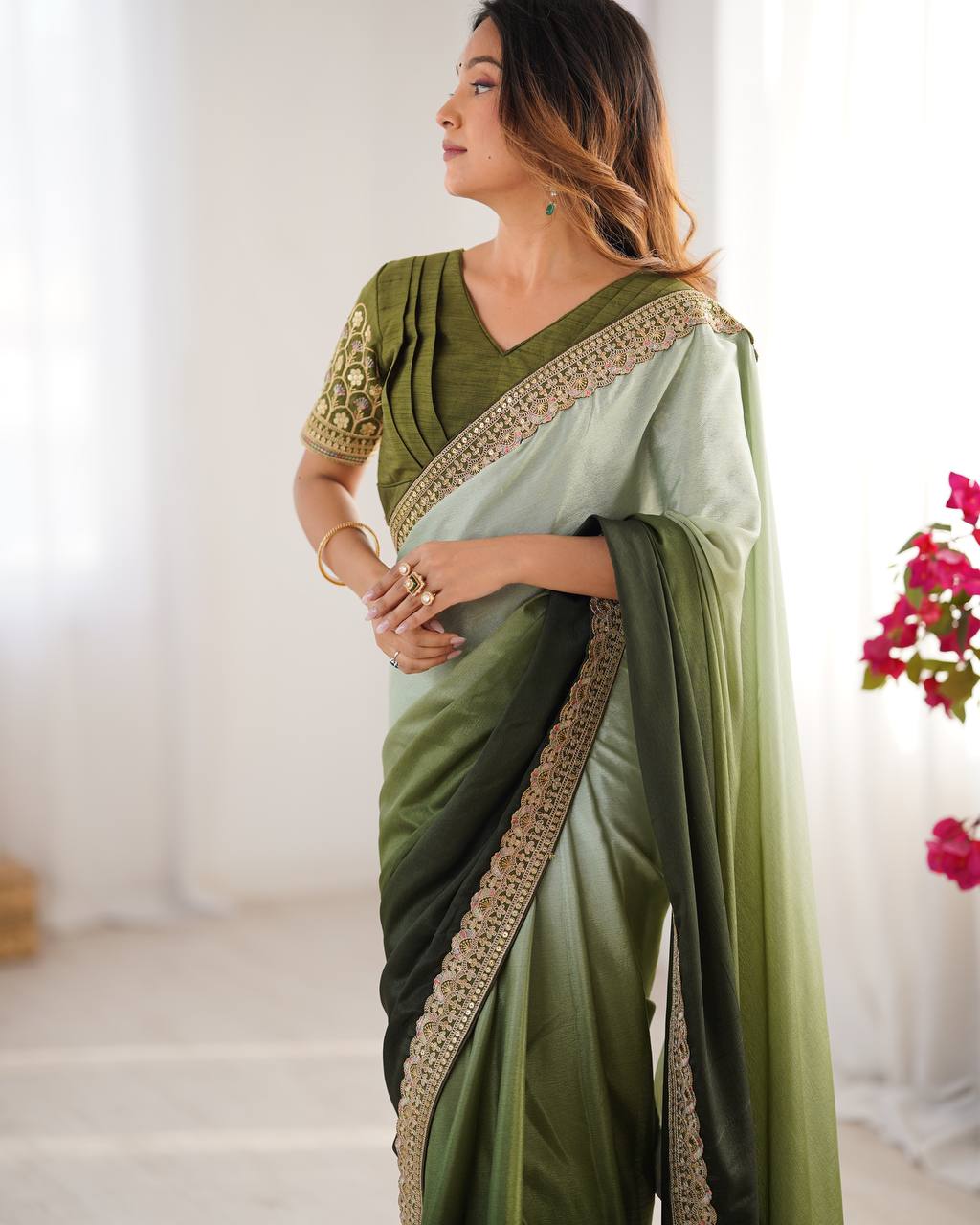 Women's Elegant Ombre Green Georgette Saree with Intricate Golden Zari & Stone Embellishments – Complete with Heavily Worked Blouse for Festive & Wedding Wear