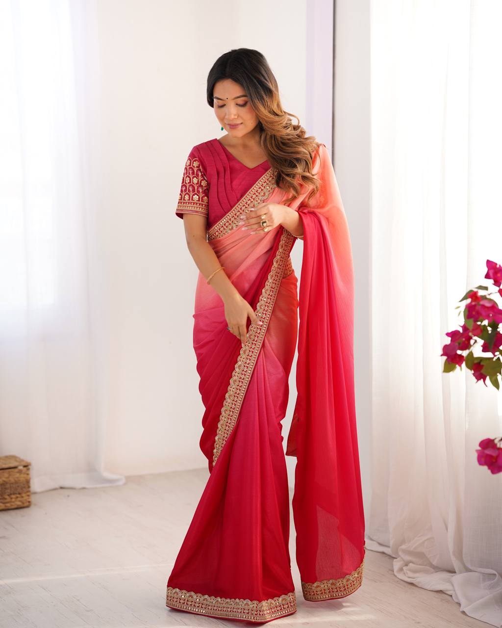 Women's Elegant Ombre Green Georgette Saree with Intricate Golden Zari & Stone Embellishments – Complete with Heavily Worked Blouse for Festive & Wedding Wear