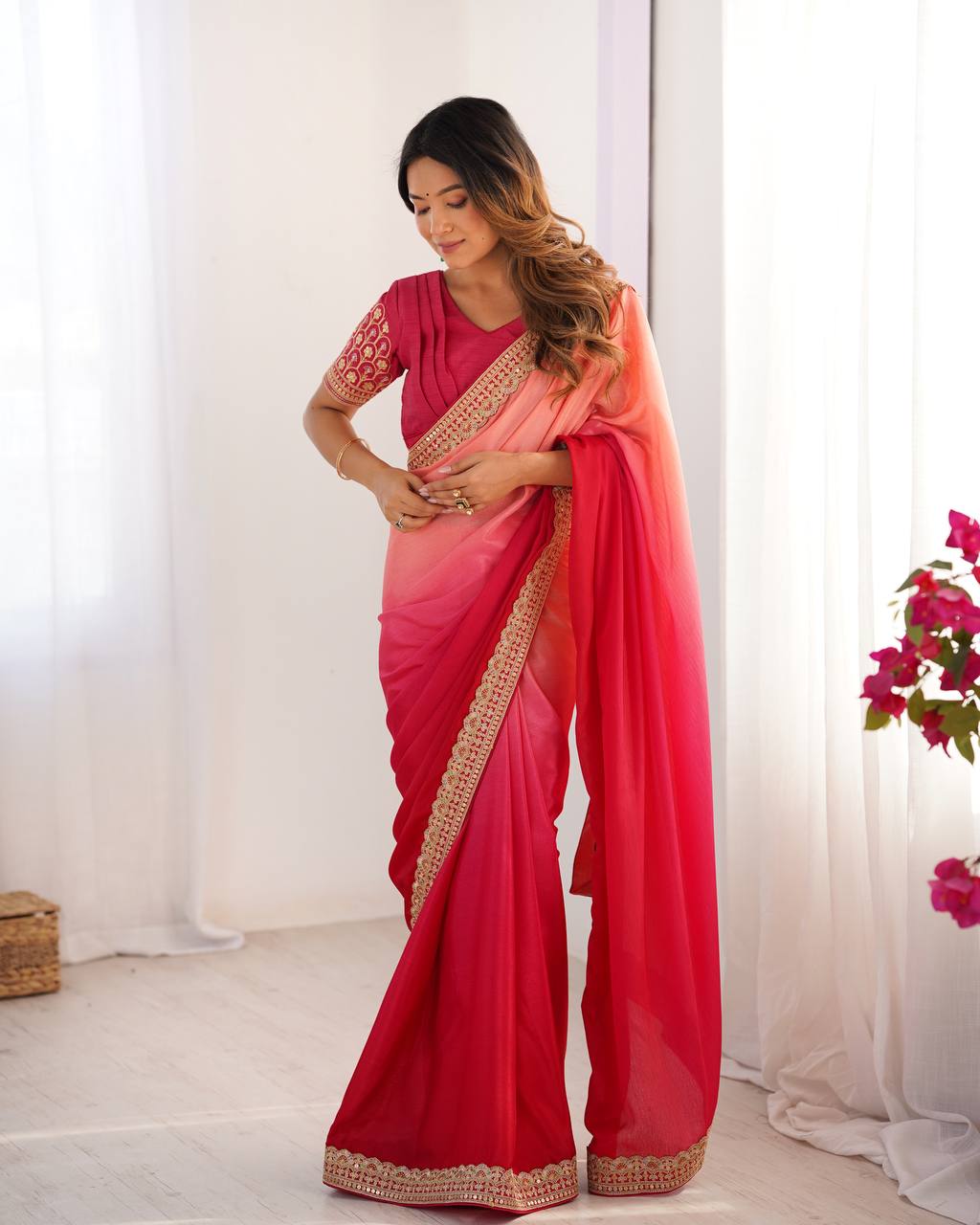 Women's Elegant Ombre Green Georgette Saree with Intricate Golden Zari & Stone Embellishments – Complete with Heavily Worked Blouse for Festive & Wedding Wear