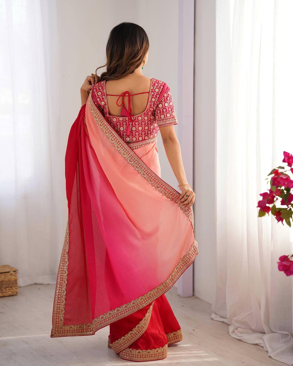 Women's Elegant Ombre Green Georgette Saree with Intricate Golden Zari & Stone Embellishments – Complete with Heavily Worked Blouse for Festive & Wedding Wear