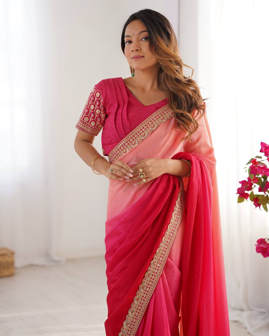 Women's Elegant Ombre Green Georgette Saree with Intricate Golden Zari & Stone Embellishments – Complete with Heavily Worked Blouse for Festive & Wedding Wear
