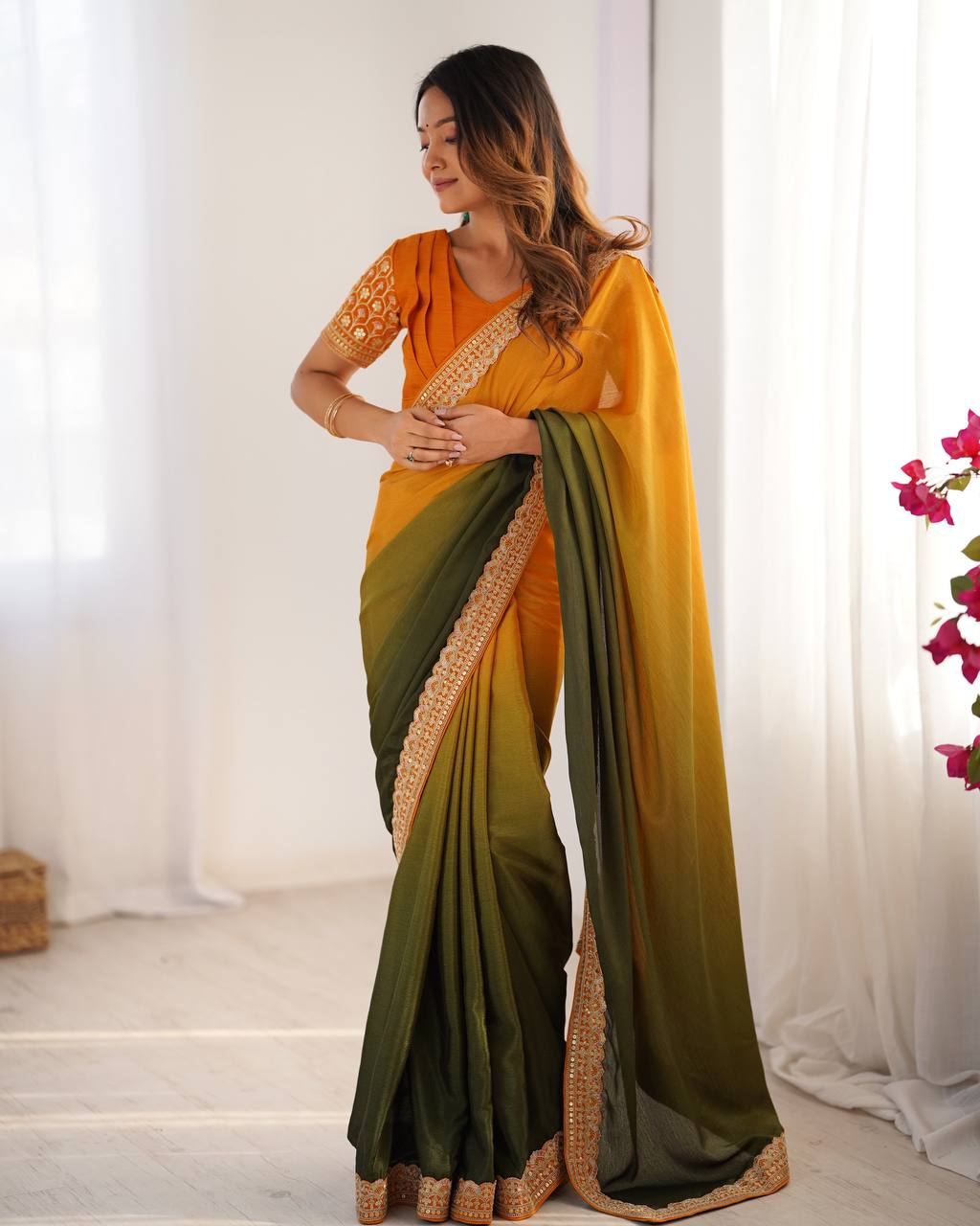 Women's Elegant Ombre Green Georgette Saree with Intricate Golden Zari & Stone Embellishments – Complete with Heavily Worked Blouse for Festive & Wedding Wear