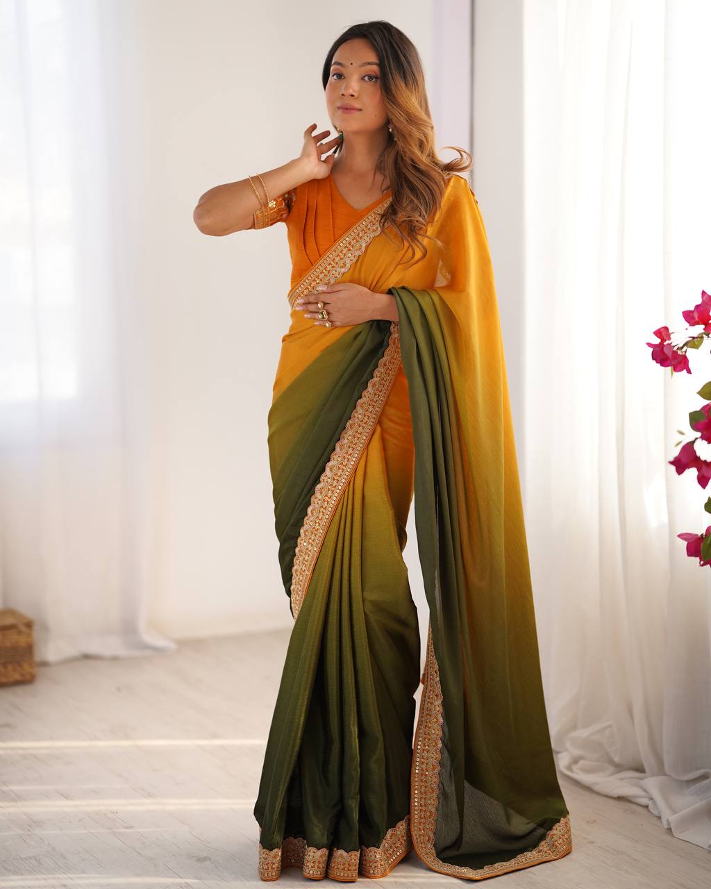 Women's Elegant Ombre Green Georgette Saree with Intricate Golden Zari & Stone Embellishments – Complete with Heavily Worked Blouse for Festive & Wedding Wear