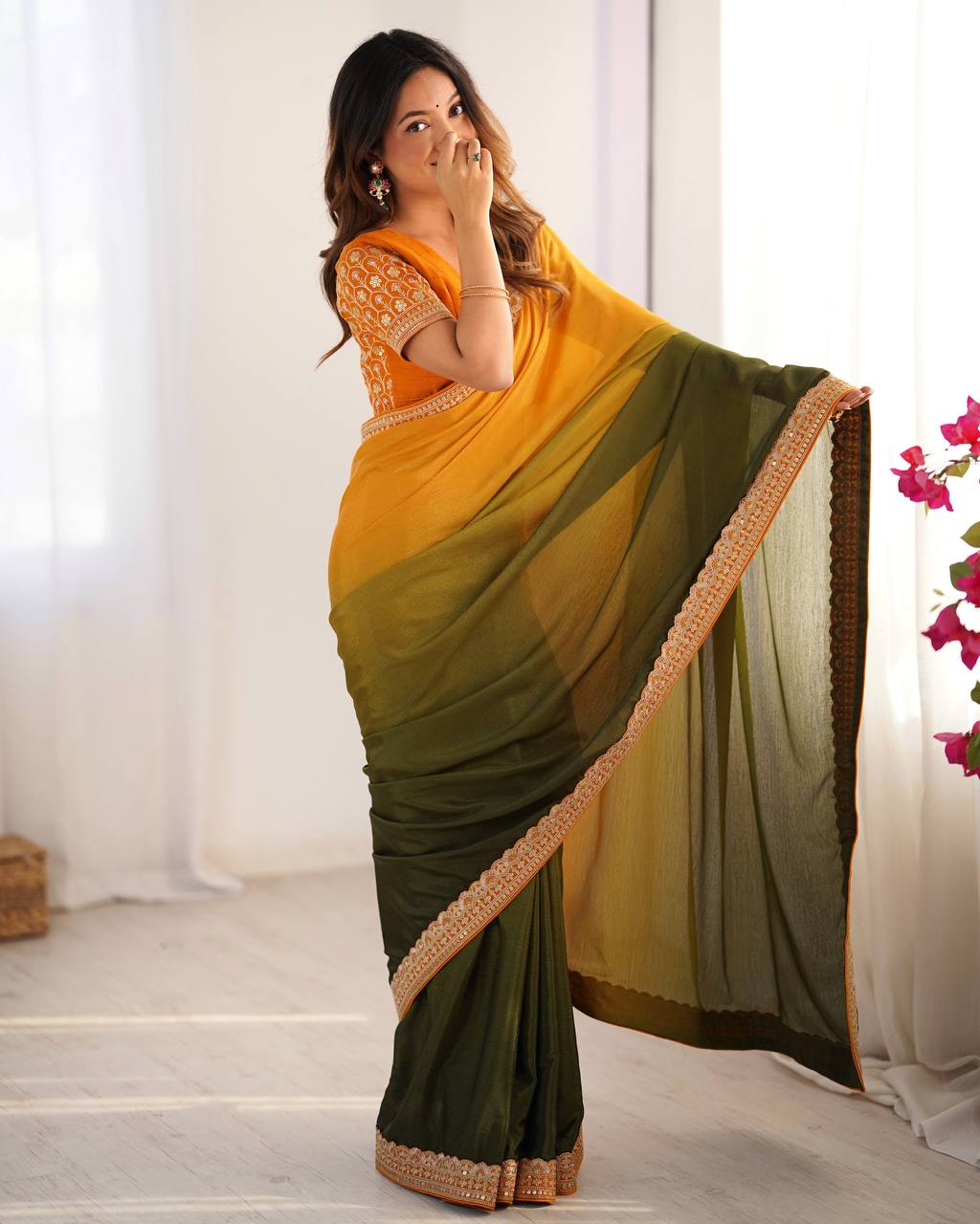 Women's Elegant Ombre Green Georgette Saree with Intricate Golden Zari & Stone Embellishments – Complete with Heavily Worked Blouse for Festive & Wedding Wear