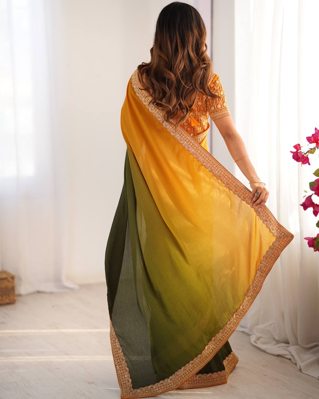 Women's Elegant Ombre Green Georgette Saree with Intricate Golden Zari & Stone Embellishments – Complete with Heavily Worked Blouse for Festive & Wedding Wear