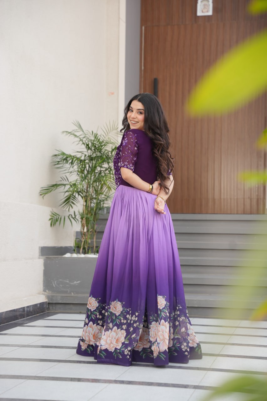 Women's Elegant Teal & Aqua Ombre Gown with Floral Printed Flair & Embellished Bodice – Perfect for Summer Festivities & Parties