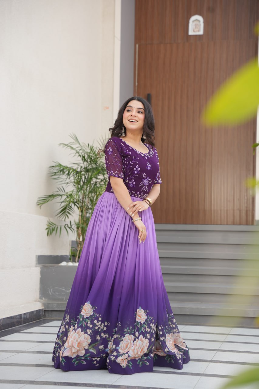 Women's Elegant Teal & Aqua Ombre Gown with Floral Printed Flair & Embellished Bodice – Perfect for Summer Festivities & Parties