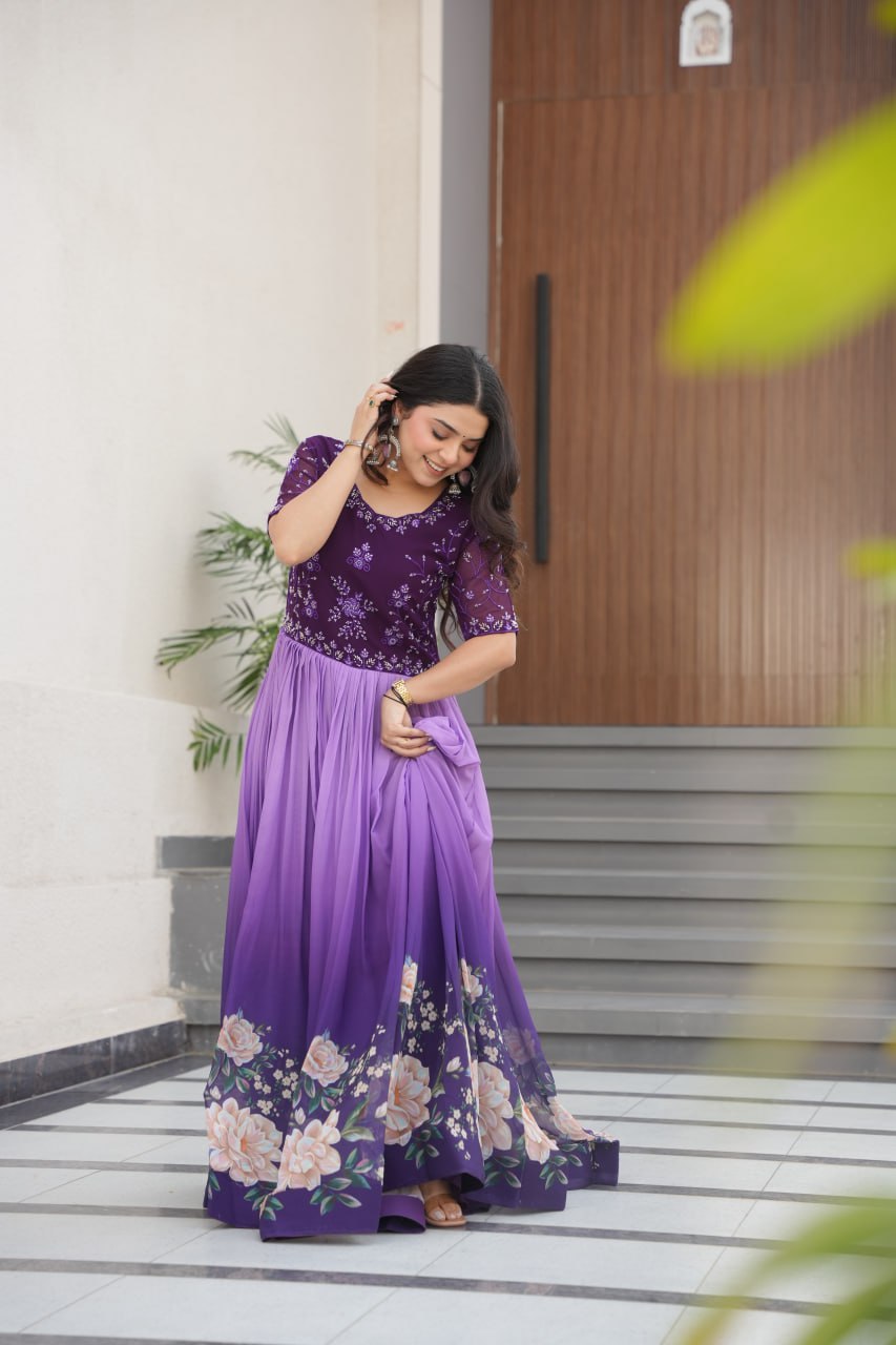 Women's Elegant Teal & Aqua Ombre Gown with Floral Printed Flair & Embellished Bodice – Perfect for Summer Festivities & Parties