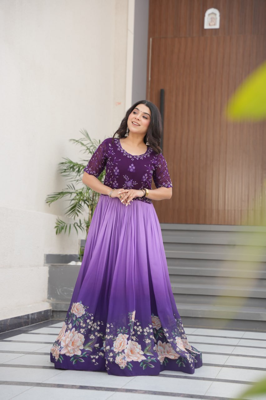 Women's Elegant Teal & Aqua Ombre Gown with Floral Printed Flair & Embellished Bodice – Perfect for Summer Festivities & Parties