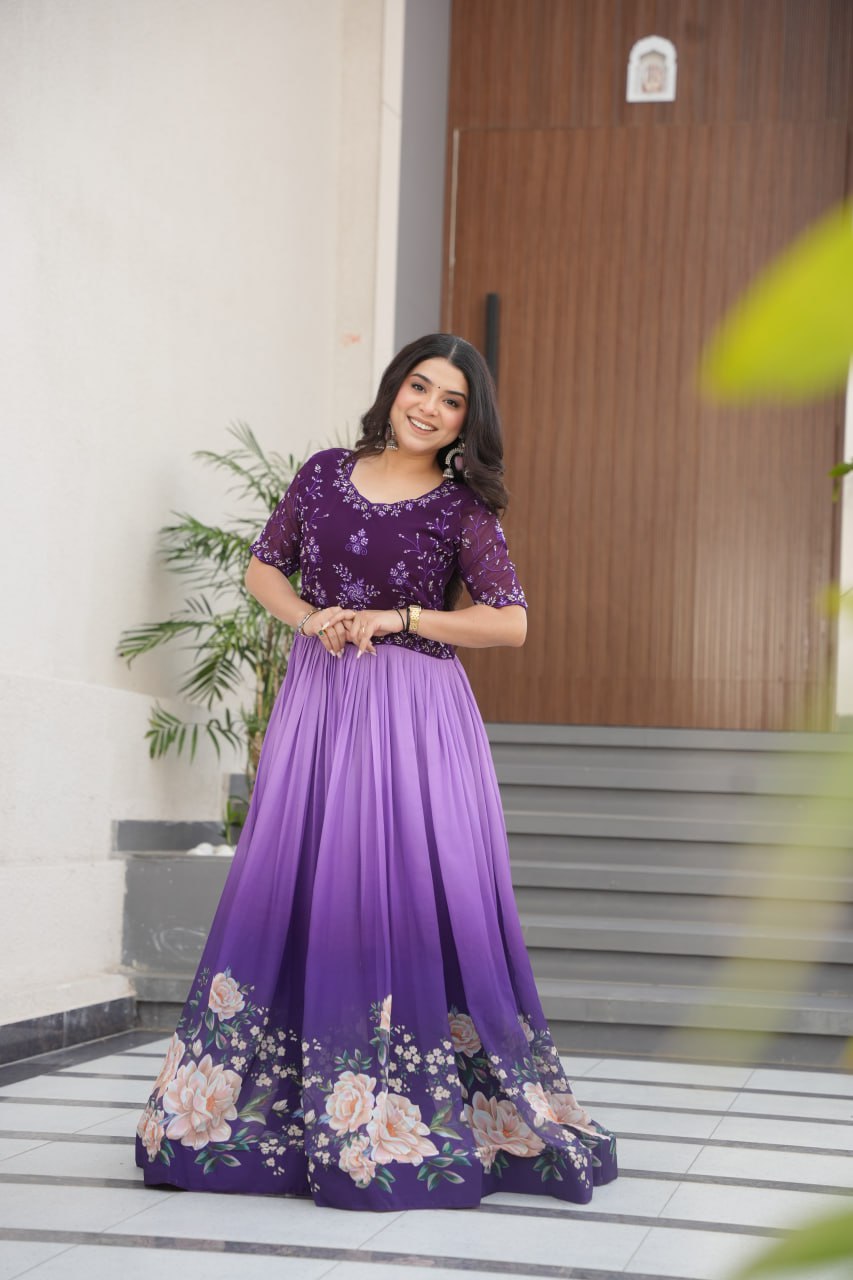 Women's Elegant Teal & Aqua Ombre Gown with Floral Printed Flair & Embellished Bodice – Perfect for Summer Festivities & Parties