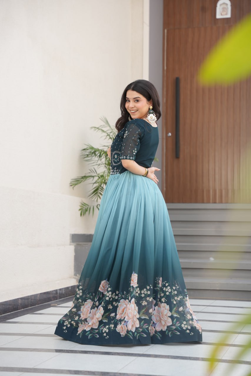 Women's Elegant Teal & Aqua Ombre Gown with Floral Printed Flair & Embellished Bodice – Perfect for Summer Festivities & Parties