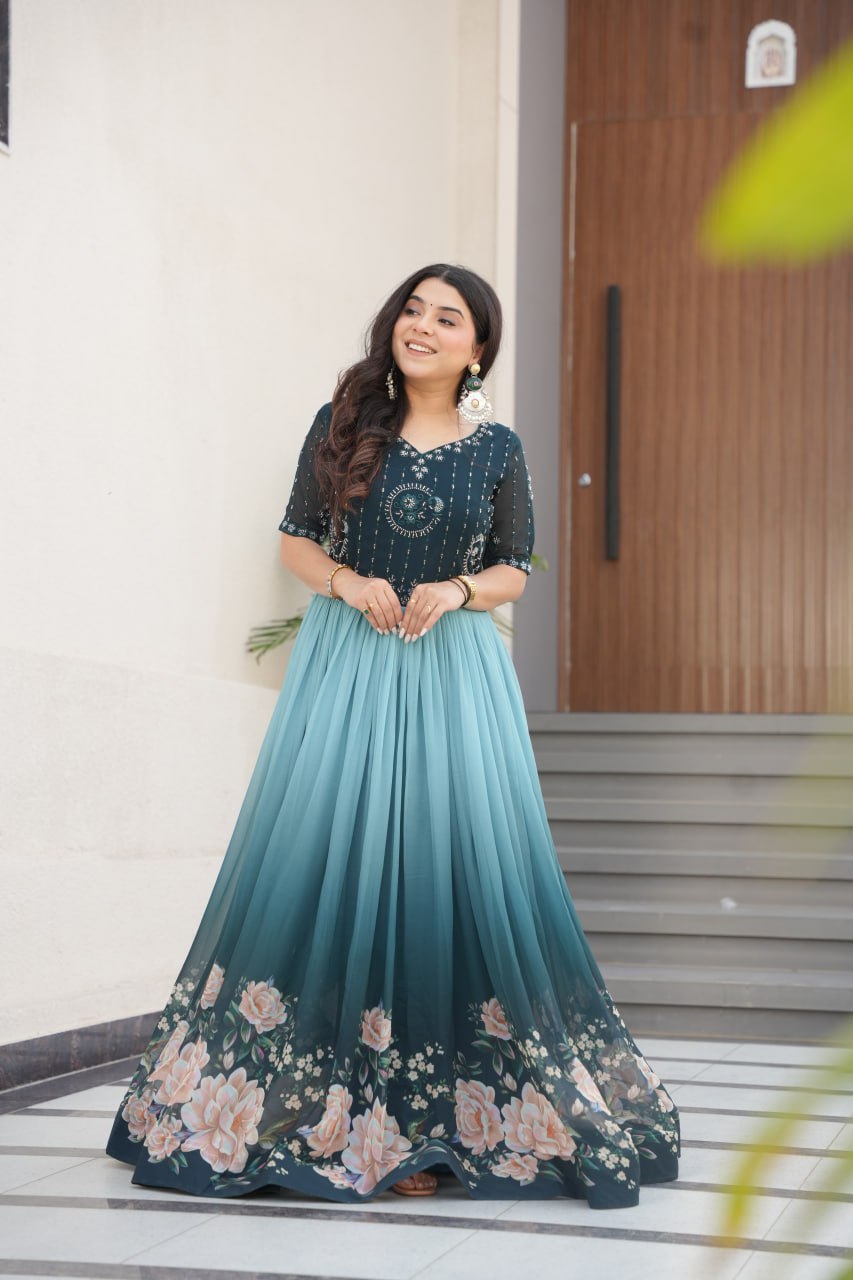 Women's Elegant Teal & Aqua Ombre Gown with Floral Printed Flair & Embellished Bodice – Perfect for Summer Festivities & Parties