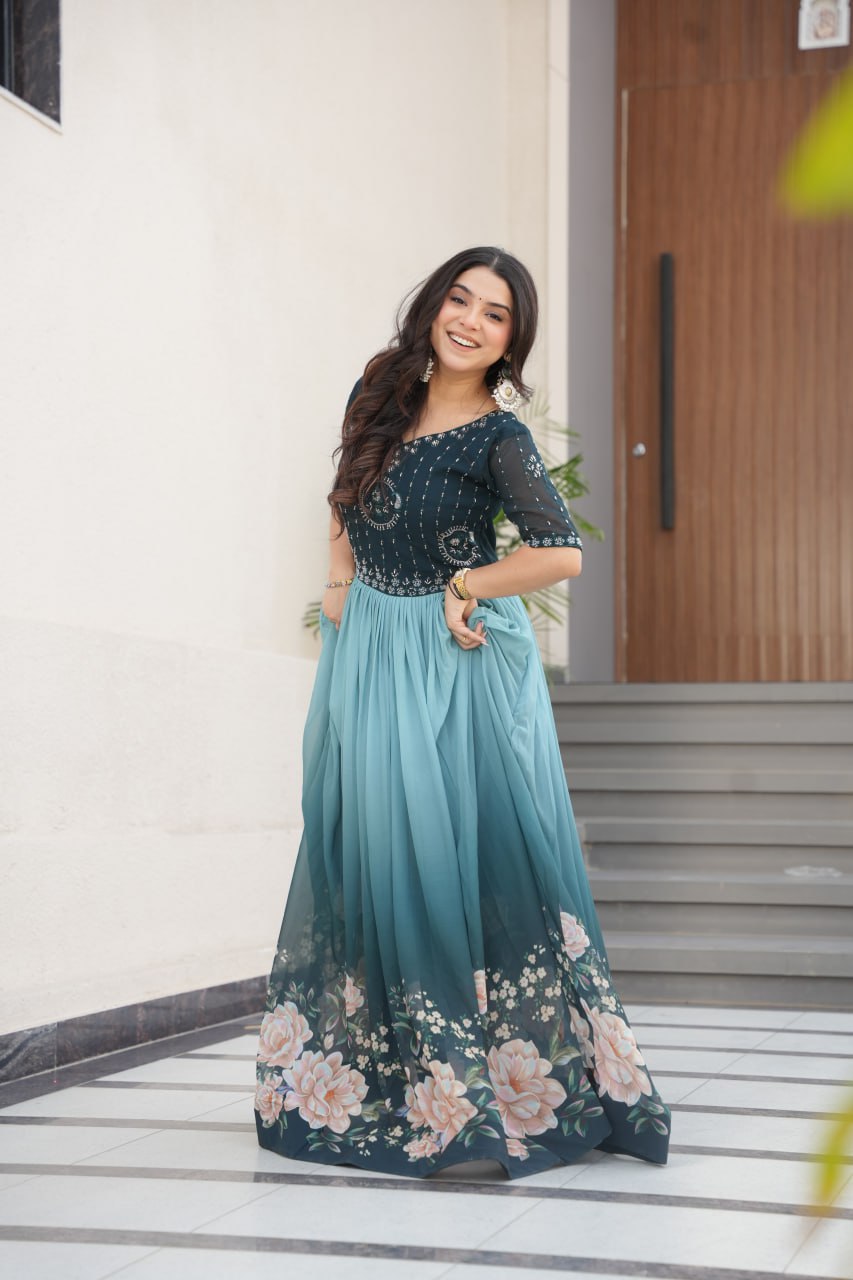 Women's Elegant Teal & Aqua Ombre Gown with Floral Printed Flair & Embellished Bodice – Perfect for Summer Festivities & Parties