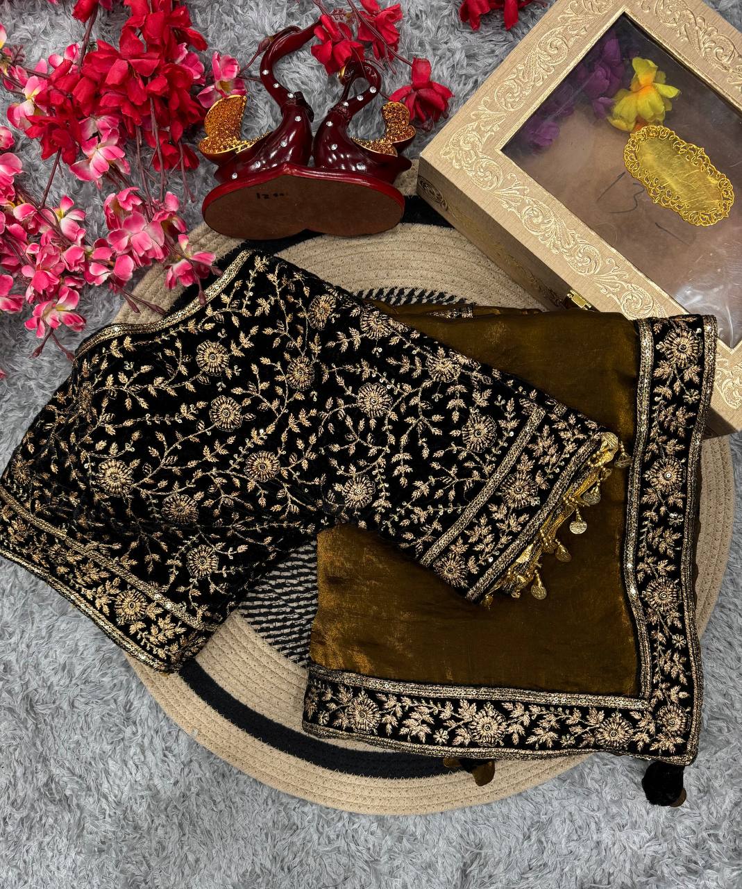 Women's Luxe Olive-Gold Silk Saree with Heavily Embellished Blouse & Border – Ideal for Evening, Wedding & Reception Wear