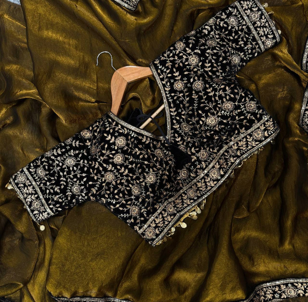Women's Luxe Olive-Gold Silk Saree with Heavily Embellished Blouse & Border – Ideal for Evening, Wedding & Reception Wear